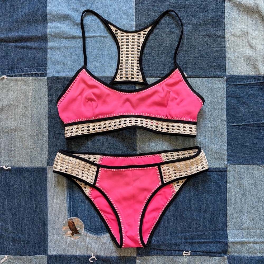 victoria’s secret bikini set neon pink crochet knit 2016 size M